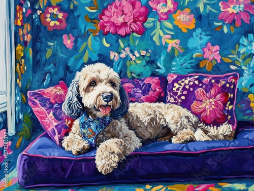 Cozy Labradoodle Relaxing in a Preppy Chinoiserie-Inspired Dog Bed
