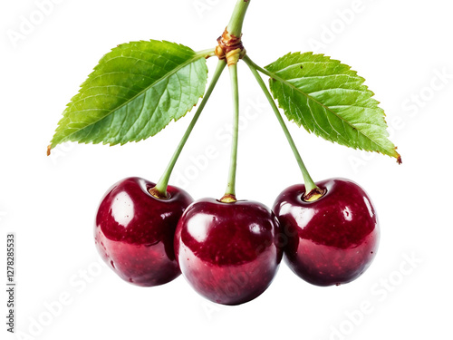 Close-Up Of Glossy Ripe Cherries On Transparent White Background