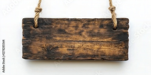 Close-up of a rustic, rectangular wooden sign hung on a rope; rich dark brown and black hues accent its rugged texture photo