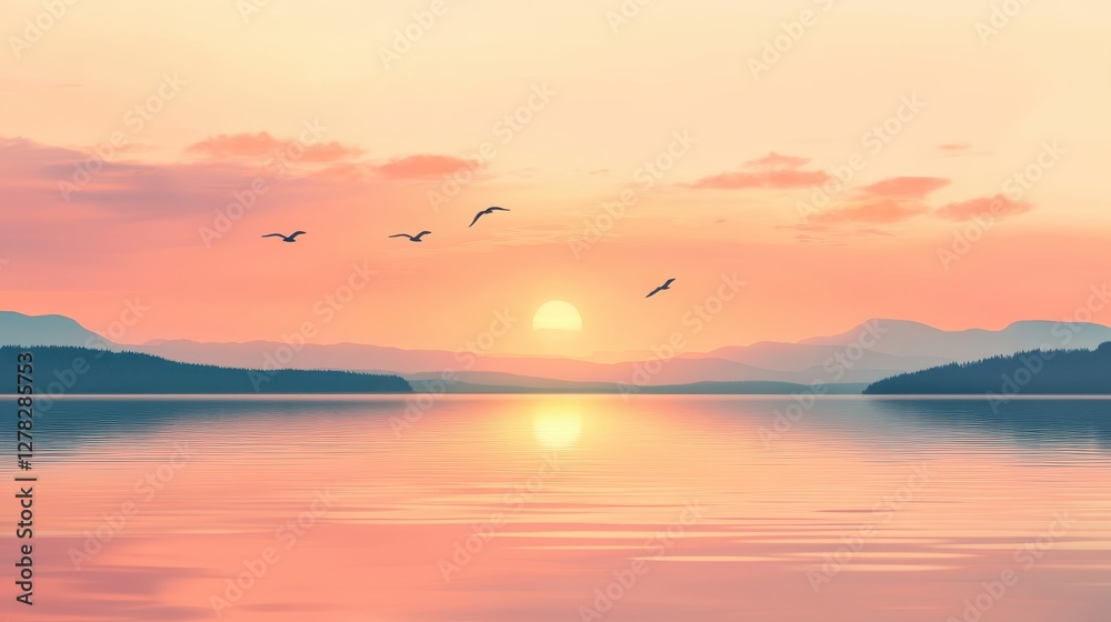 Fototapeta premium A serene sunset over calm waters, with silhouettes of birds flying across a pastel sky, creating a tranquil and picturesque scene.