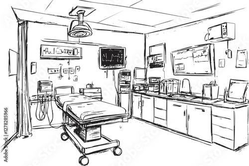Sketch of a hospital room with medical equipment and a bed.