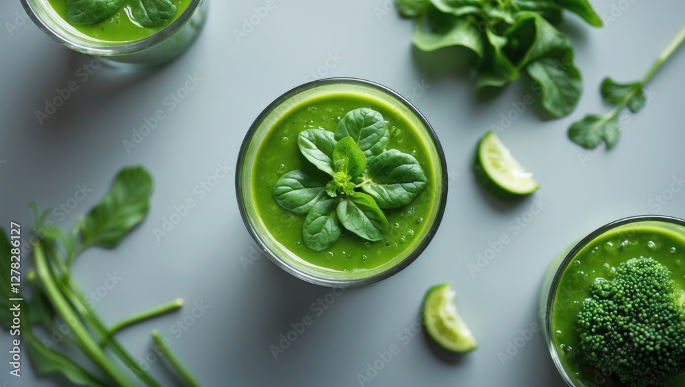 Obraz premium Detox Green Vegetable Smoothies in Glasses with Fresh Ingredients on a Light Grey Background Natural Healthy Drink Concept
