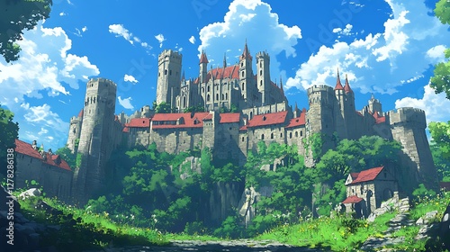 Majestic castle, hilltop town, sunny day, fantasy setting, game art