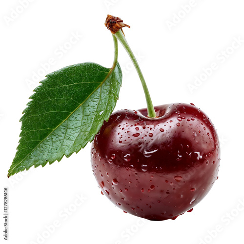 Single Ripe Cherry With Leaf Against White Background