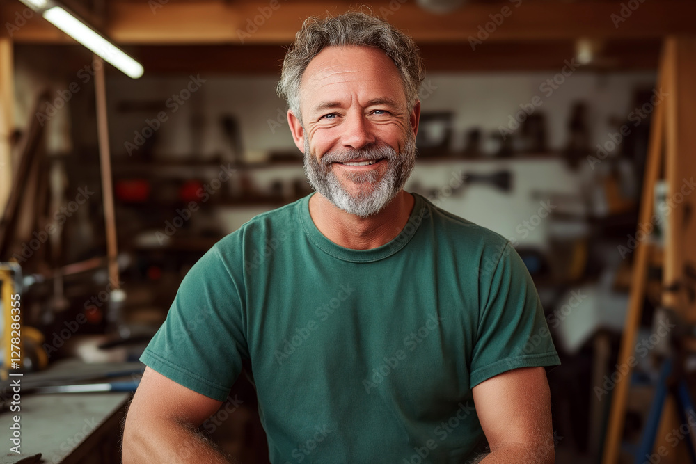 Handsome middle-aged man with beard, wearing kelly green t-shirt, standing in garage. Senior man, father, dad, grandfather, Father's day, birthday man tee designs template. Men casual t-shirt mockup Handsome middle-aged man with beard, wearing kelly green t-shirt, standing in garage. Senior man, father, dad, grandfather, Father's day, birthday man tee designs template. Men casual t-shirt mockup