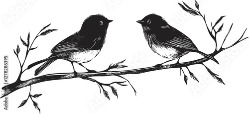 Black and white illustration of two birds perched on a branch.