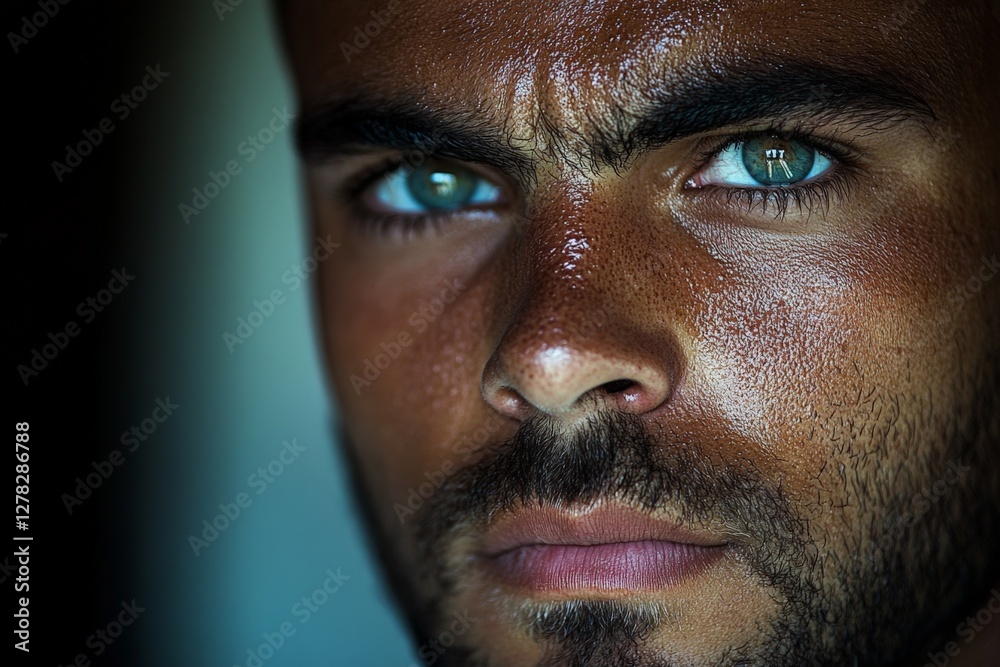 Intense gaze of an individual with striking blue eyes captured in a close-up setting revealing emotion and strength Intense gaze of an individual with striking blue eyes captured in a close-up setting revealing emotion and strength