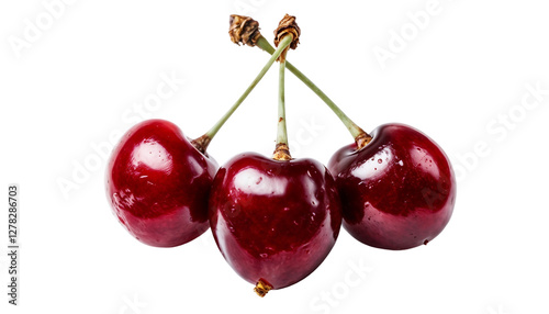 Close-Up Of Glossy Ripe Cherries On Transparent White Background