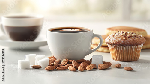 Black espresso or americano coffee cup with sugar cubes, almond nuts, sweet fresh baked muffin and pancakes for coffeeshop or barista design. Cartoon vector set of caffeine drink with desserts.