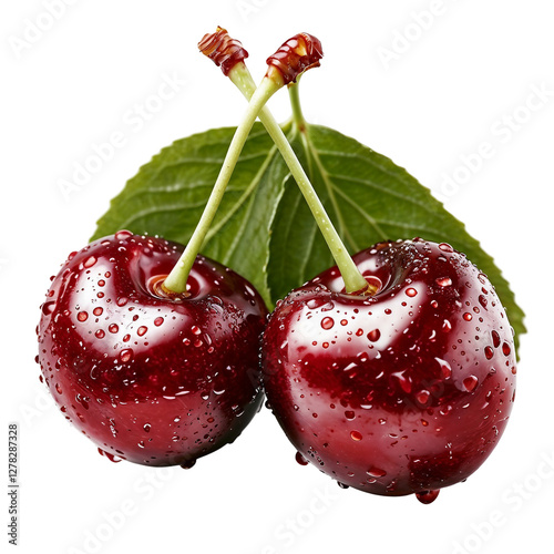 Close-Up Of Fresh Red Cherries With Water Droplets on white background