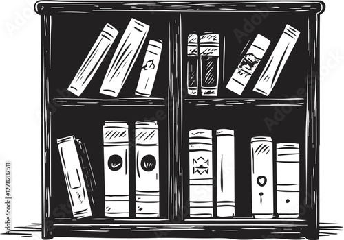 Black and white sketch of a bookshelf filled with various books.