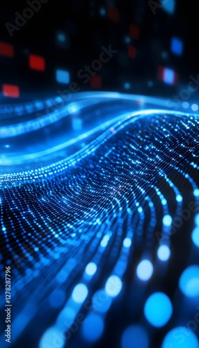 A digital landscape with blue glowing grid and abstract background