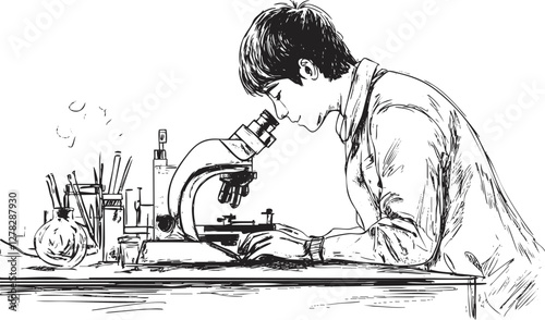 Sketch of a scientist using a microscope in a laboratory setting.