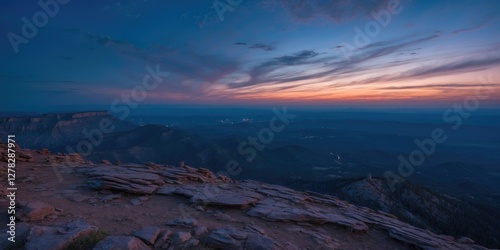 Dusk Landscape From Plateau With Scenic Sky And Mountain View Providing Ideal Space For Text Overlay photo