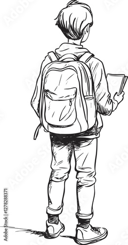 Sketch of a boy with backpack holding a book from behind.