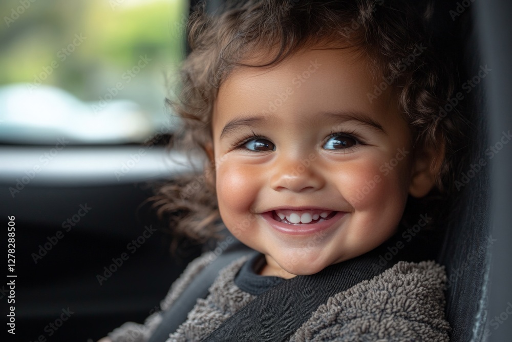 Sweet toddler smiles while sitting in a car during a sunny day in the city Sweet toddler smiles while sitting in a car during a sunny day in the city