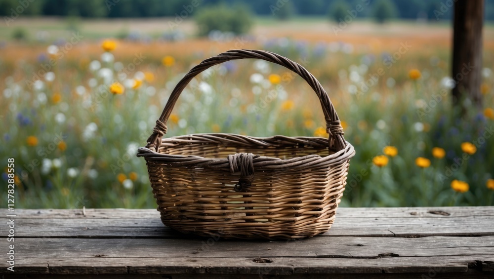 Rustic Empty Woven Basket on Weathered Wooden Table with Blurred Wildflower Field Background and Space for Text or Design Elements Rustic Empty Woven Basket on Weathered Wooden Table with Blurred Wildflower Field Background and Space for Text or Design Elements