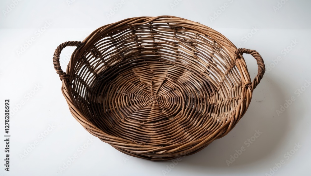 Fototapeta premium Woven wicker basket with handles on a neutral white background ideal for displaying fruits or decorative items.