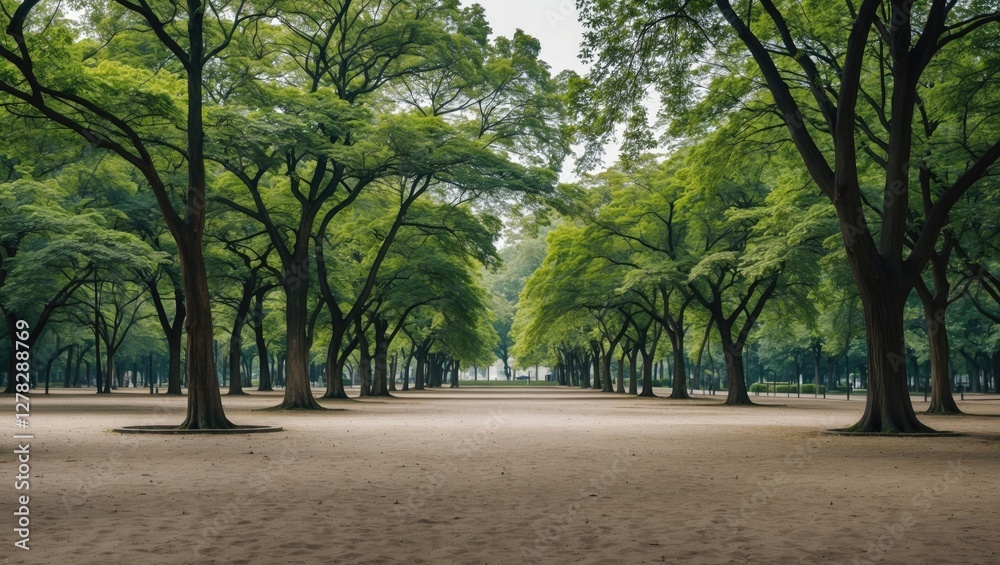 Serene Park Landscape with Abundant Green Trees and Expansive Blank Space for Text or Design Elements Serene Park Landscape with Abundant Green Trees and Expansive Blank Space for Text or Design Elements