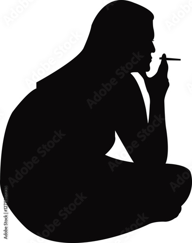 a woman sitting and smoking, silhouette vector