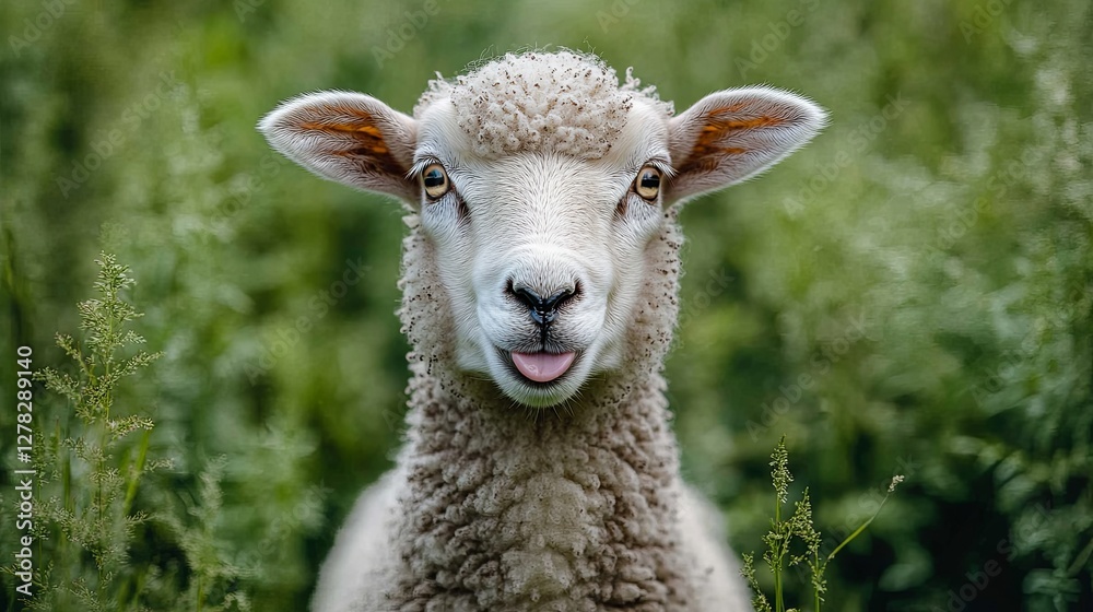 Naklejka premium Sheep playfully sticking out its tongue, a moment of lighthearted charm.