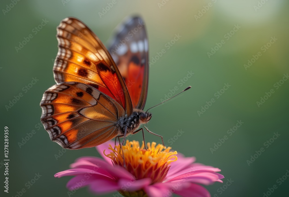 Vibrant butterfly perched on a pink flower with green background Vibrant butterfly perched on a pink flower with green background