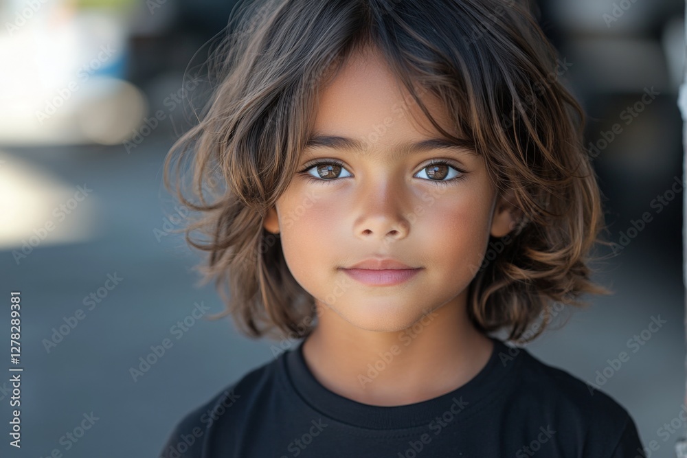 Young child with brown hair and expressive eyes stands outdoors enjoying a sunny day in a playful atmosphere Young child with brown hair and expressive eyes stands outdoors enjoying a sunny day in a playful atmosphere