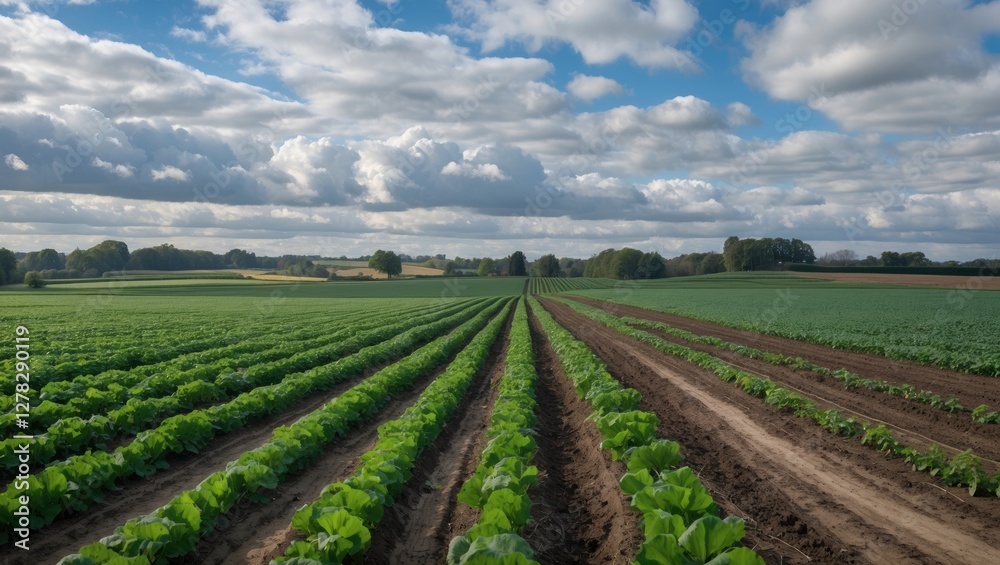 Lush Green Farm Fields Under Partly Cloudy Sky with Rows of Vegetables and Blue Horizon in Agricultural Landscape Lush Green Farm Fields Under Partly Cloudy Sky with Rows of Vegetables and Blue Horizon in Agricultural Landscape