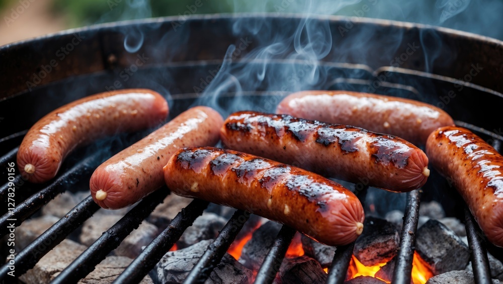 Grilled Juicy Sausages Cooking Over Charcoal With Smoke Rising And Blank Space For Text In Summer Outdoor BBQ Setting Grilled Juicy Sausages Cooking Over Charcoal With Smoke Rising And Blank Space For Text In Summer Outdoor BBQ Setting