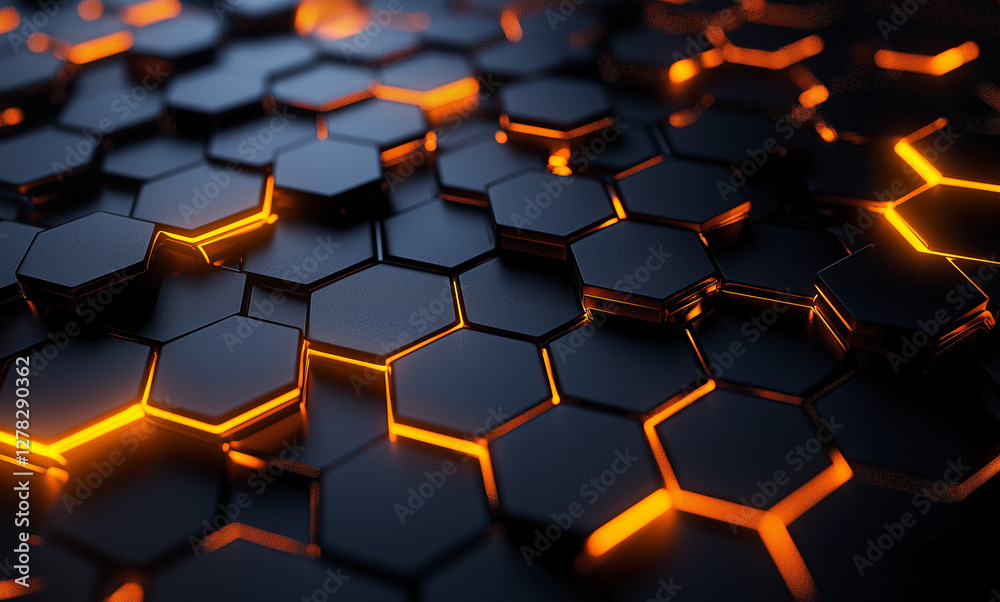 Futuristic 3D Render of an Abstract Black Background with a Glowing Orange Hexagon Pattern, High-Resolution Digital Design for Sci-Fi, Tech, and Cyberpunk Themes Futuristic 3D Render of an Abstract Black Background with a Glowing Orange Hexagon Pattern, High-Resolution Digital Design for Sci-Fi, Tech, and Cyberpunk Themes