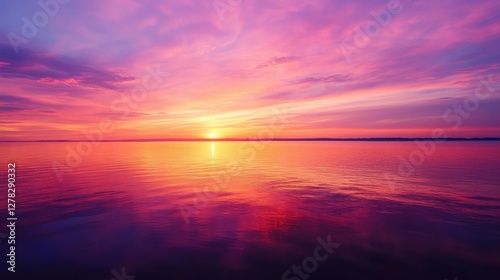 A breathtaking sunset reflected on the calm waters, showcasing a vibrant palette of pinks, purples, and golds.