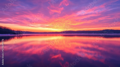 A breathtaking sunset over a tranquil lake, with vibrant pink, orange, and purple hues reflecting in the calm waters.