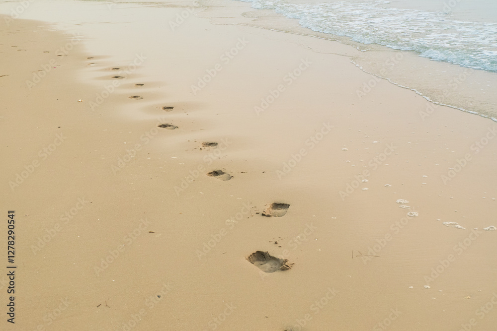 Footprints of human feet on the sand near the water on the beach. Footprints of human feet on the sand near the water on the beach.