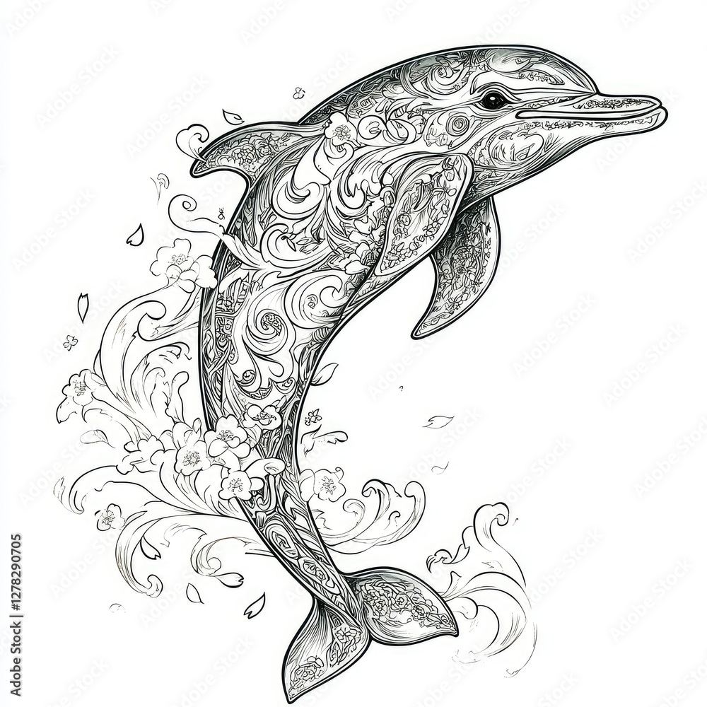 Fototapeta premium Ornate Leaping Dolphin with Floral Design - Black and White Line Art