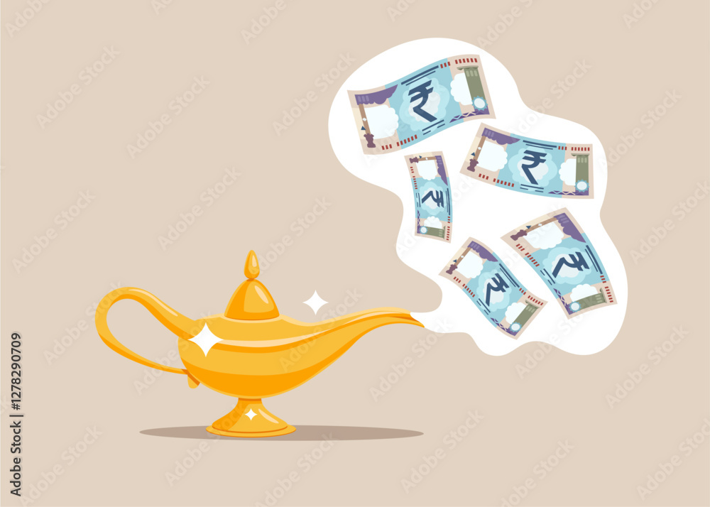 Rubbing magic lamp and getting rupee banknotes and financial freedom. Financial success. Business, Company, Funds, gold. Flat vector illustration. Rubbing magic lamp and getting rupee banknotes and financial freedom. Financial success. Business, Company, Funds, gold. Flat vector illustration.