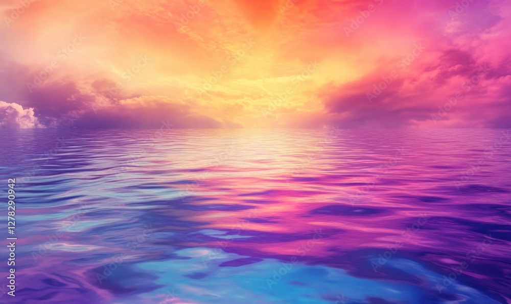 Fototapeta premium Vibrant sunset over calm ocean waters with colorful reflections and serene atmosphere