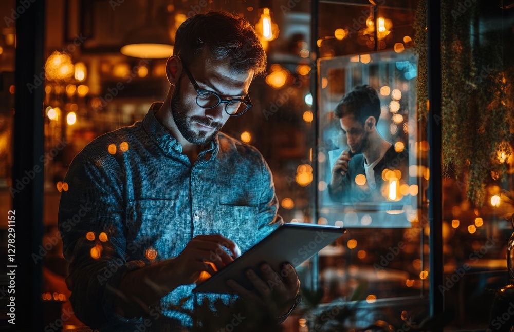 Obraz premium Young Male Designer Working at Night with Reflection in Office Window
