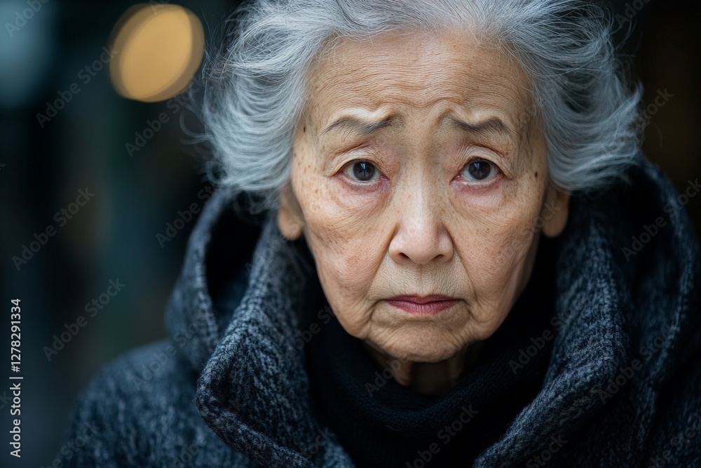 Elderly woman with gray hair and a serious expression captured in an urban setting during twilight hours Elderly woman with gray hair and a serious expression captured in an urban setting during twilight hours