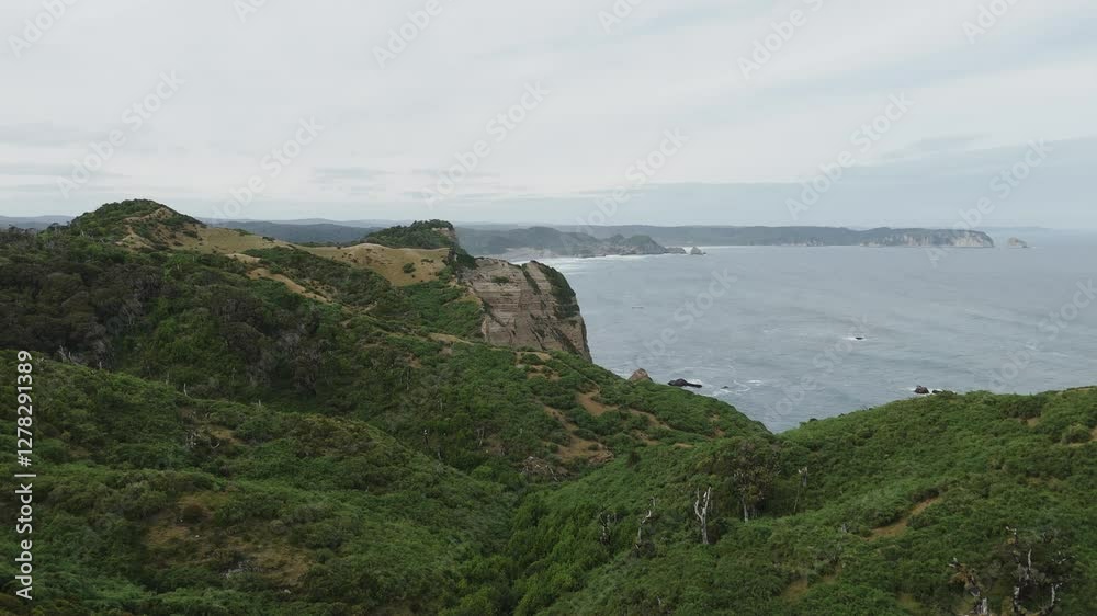 Aerial view capturing dramatic cliffs and coastline near Muelle De Las Almas, highlighting Chiloe Island's natural beauty Aerial view capturing dramatic cliffs and coastline near Muelle De Las Almas, highlighting Chiloe Island's natural beauty