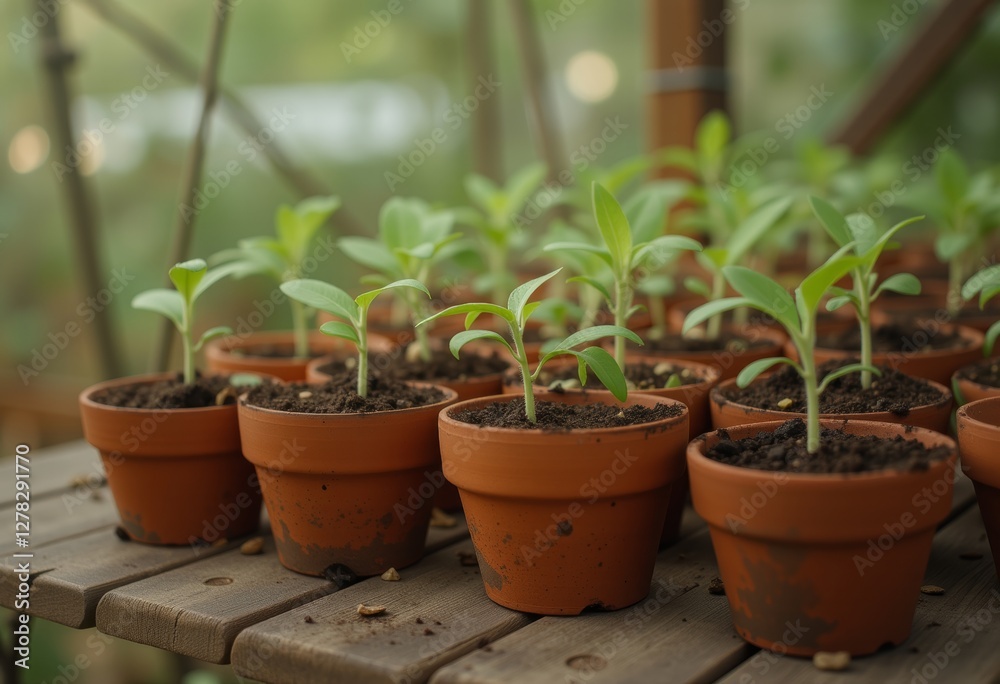 Tender young plants growing in small pots under sunlight Tender young plants growing in small pots under sunlight