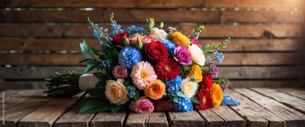 Fototapeta premium Colorful Floral Bouquet on Rustic Wooden Table Perfect for Romantic Occasions and Celebrations