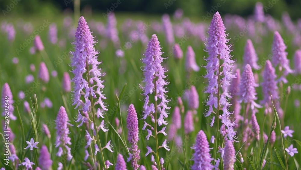Obraz premium Flowering Purple Loosestrife Stalks in Meadow with Vibrant Pink Blooms and Lush Green Background Ideal for Nature and Floral Themes.