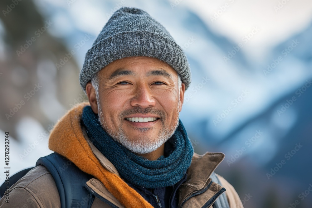 Smiling man in warm attire stands against snowy mountain backdrop during winter adventure Smiling man in warm attire stands against snowy mountain backdrop during winter adventure