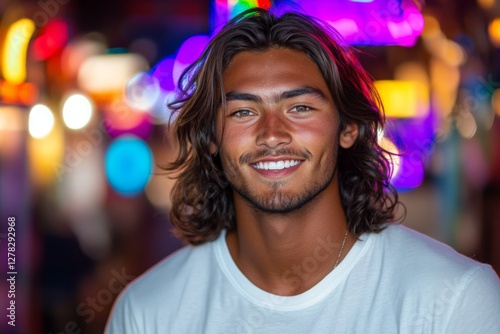Young man smiles brightly against a vibrant background of colorful lights during a nighttime event