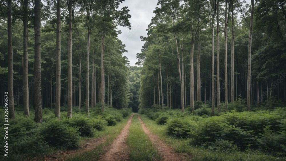 Fototapeta premium Serene Forest Pathway Surrounded By Lush Greenery With Clear Space For Text Overlay