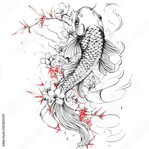 Elegant Koi Fish with Cherry Blossoms and Bamboo - Japanese Art Style Illustration