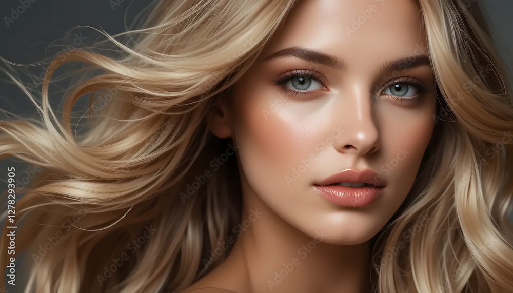 A blonde woman with glamorous makeup smiles, her blue eyes looking directly in a close-up of her beautiful face A blonde woman with glamorous makeup smiles, her blue eyes looking directly in a close-up of her beautiful face
