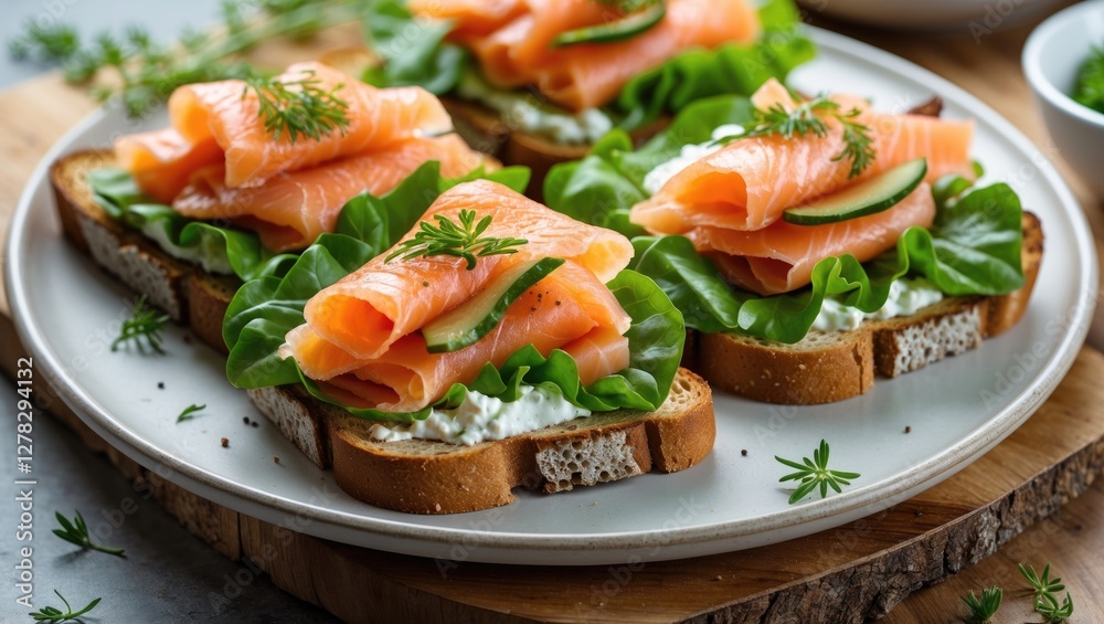 Delicious Salmon Sandwiches with Cream Cheese and Fresh Vegetables on Plate Perfect for Healthy Eating and Culinary Inspiration. Delicious Salmon Sandwiches with Cream Cheese and Fresh Vegetables on Plate Perfect for Healthy Eating and Culinary Inspiration.