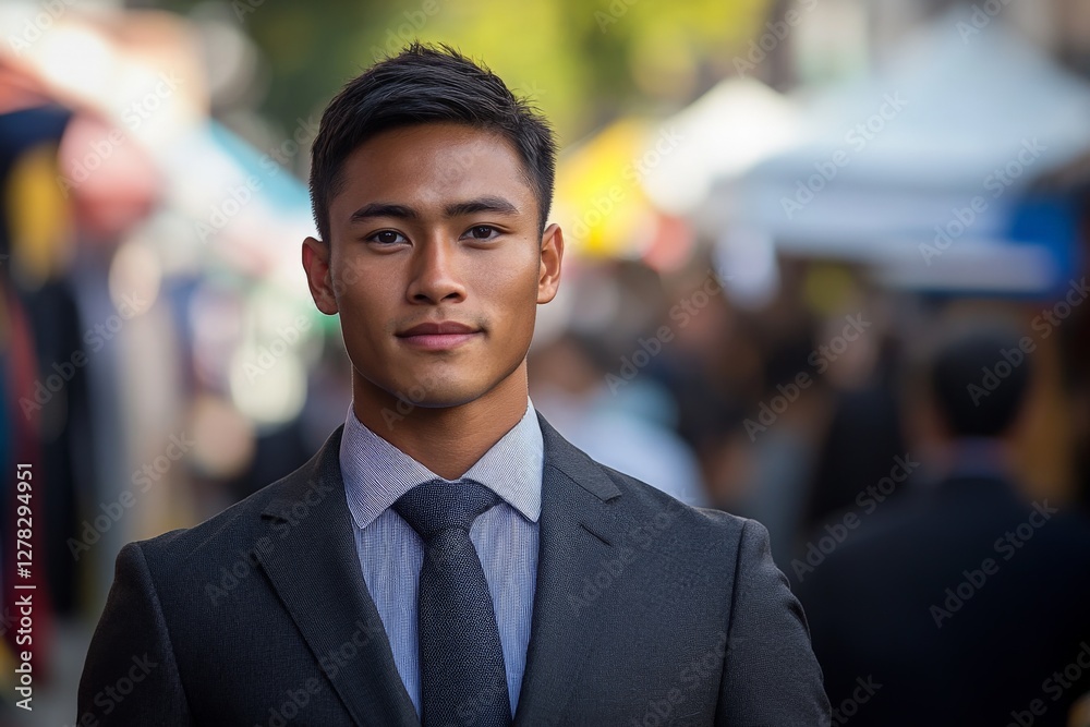 Confident young man in a formal suit at a bustling outdoor market during the day Confident young man in a formal suit at a bustling outdoor market during the day