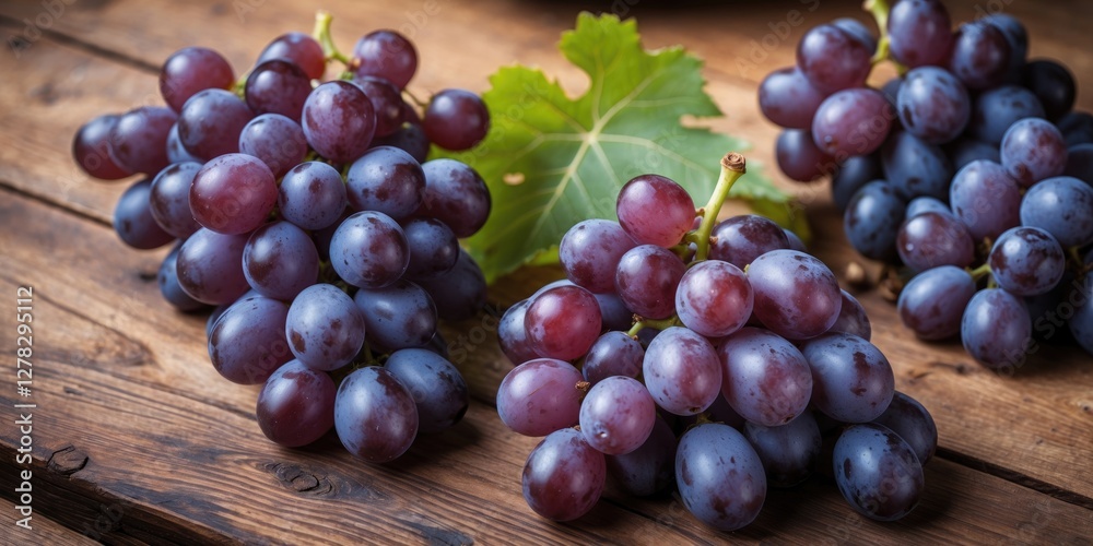 Obraz premium Fresh Juicy Grapes with Green Leaves on Rustic Wooden Table Ideal for Healthy Lifestyle and Food Related Designs